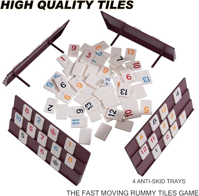 Rummy Cube Game Set with 4 Plastic Racks and 106 Melamine Tiles, Color Case with 4 Tiles Holders