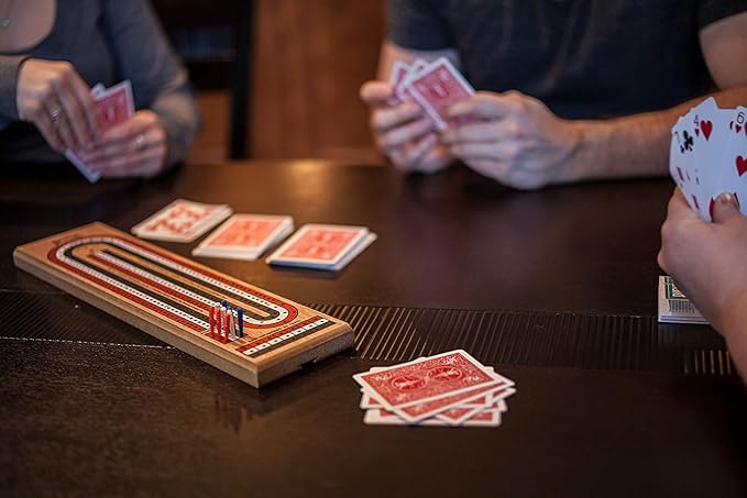 Cribbage Board by Bicycle 3-Track Colour Coded Real Pine Wood Cribbage Game with Deck of Bicycle Cards and Premium Metal Cribbage Pegs