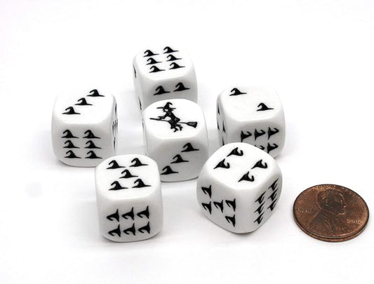 Pack of 6 Witch Halloween Themed 16mm Dice - White with Black Etches