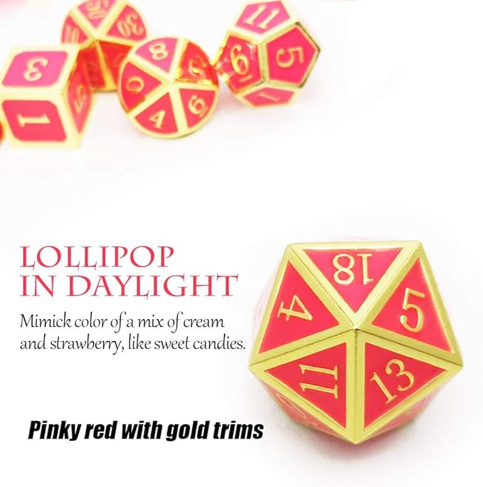 Haxtec Glow in The Dark Metal DND Dice Set Gold Pink D&D Dice for Dungeons and Dragons-Gold Glowing Red/Cream Pink