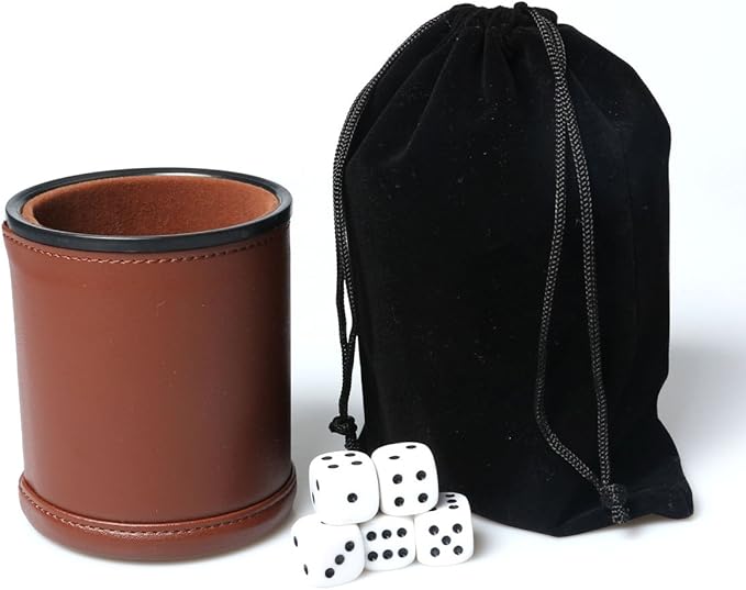 Leather Dice Cup Set Felt Lining Quiet Shaker with 5 Dot Dices for Farkle Yahtzee Games,Brown