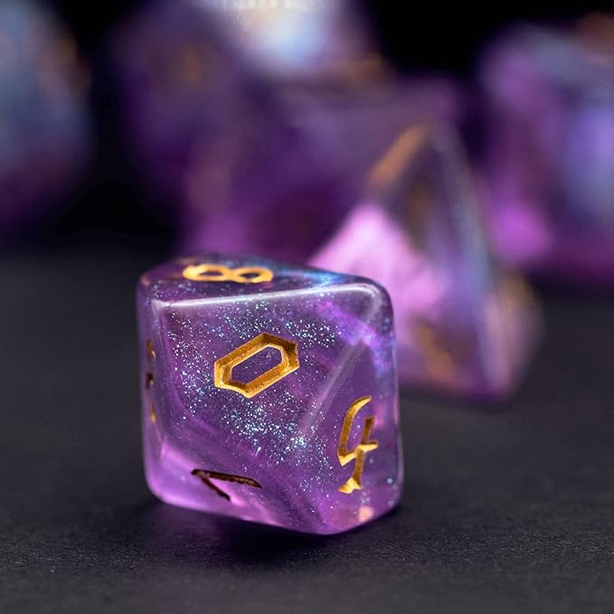 7-Die DND Dice Set Polyhedral Dice Set with a Leather Dice Bag, D&D Dice Set for Dungeons and Dragons, RPG, MTG Table Games (Purple/G)