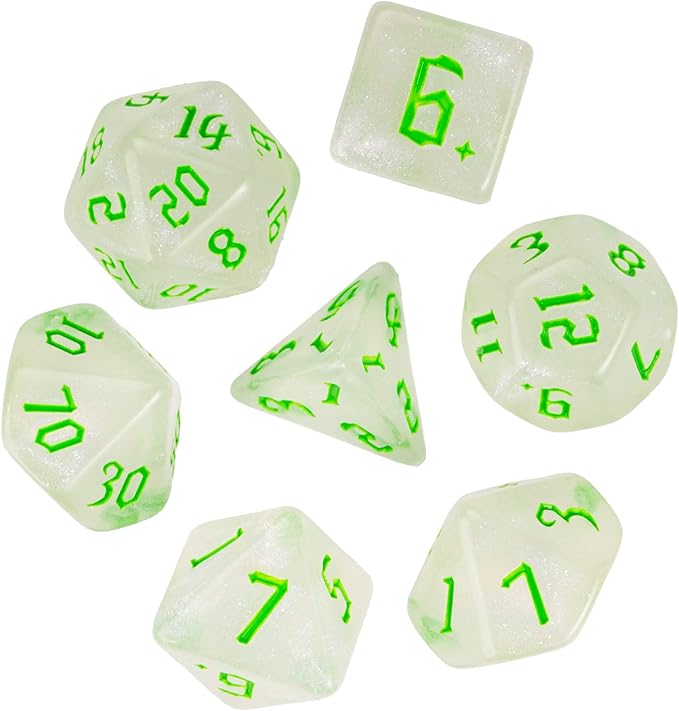 7-Die DND Dice Set Polyhedral Dice Set with a Leather Dice Bag, D&D Dice Set for Dungeons and Dragons, RPG, MTG Table Games (White/Glitter)