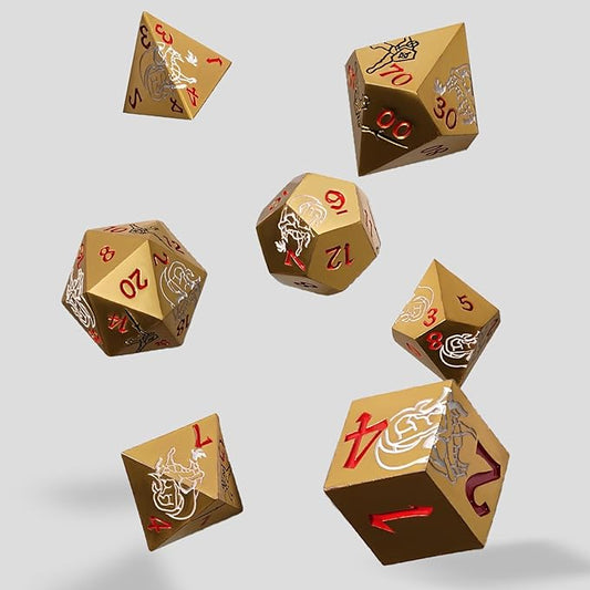 Metal DND Dice Set, Dragons and Warriors DND Dice 7-pcs Metal Polyhedral Dice Set for Dungeons and Dragons RPG MTG Table Games (Gold)