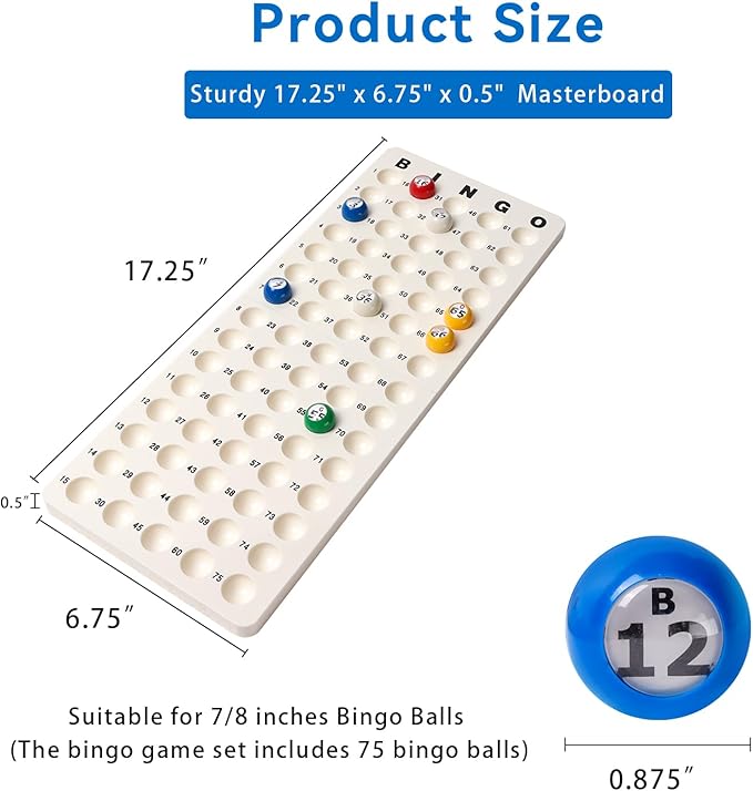GSE Games & Sports Expert Bingo Master Board & 7/8" Multi-Color Balls, White Bingo Calling Board for Parties, Large Groups, Family Game Night