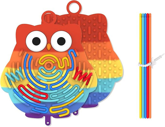 Silicone Sensory Activity Board,Double-Sided Busy Board for Fine Motor Skill,Fidget Toy for Calming, Stress, Anxiety, ADHD, Autism, Silent, No Mess, Kids 3+ & Adults(Owl,Colorful)