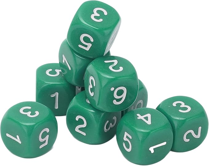 Green 6 Sided Plastic Dice Set - 20 Pieces, Rounded Corners, Number Dice for Table Games