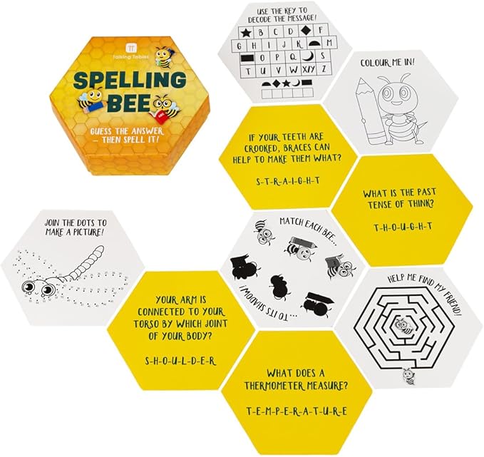 Talking Tables Fun Spelling Bee and Quiz Travel Pocket Game for Home or Journeys - Educational Trivia Cards with Trivia Challenges, for Boys or Girls - Plastic-Free, Ages 6+ -