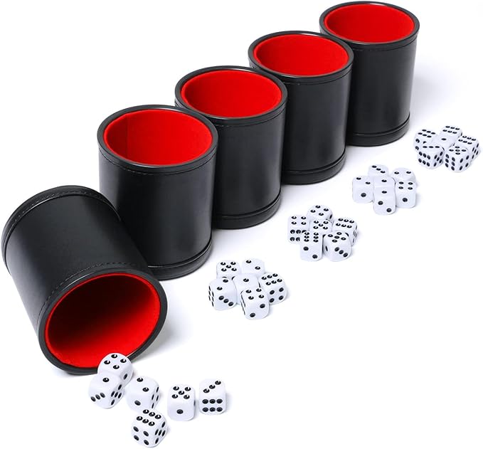 Leatherette Dice Cup Set Red Felt Lined Shaker with 6 Dot Dices for Yahtzee Farkle Bar Party Dice Games-5 Pack