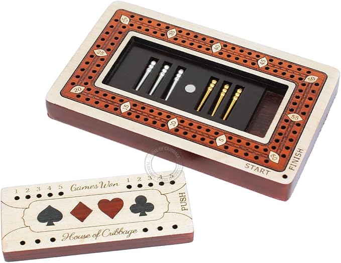 2 Track - Wooden Travel/Pocket Size Cribbage Board - 4 Inch - Inlaid in Maple Wood/Bloodwood with Storage Space for Cribbage Pegs - 60 Points - Non Continuous