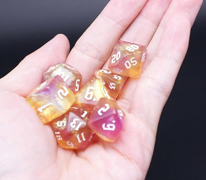 DND Dice Set with Dragon Totem Metal Gife Case, Dungeons and Dragons Dice Set,Polyhedral Dice Set Filled with Shiny Glitters,Role Playing Games and Tabletop Games (Yellow)
