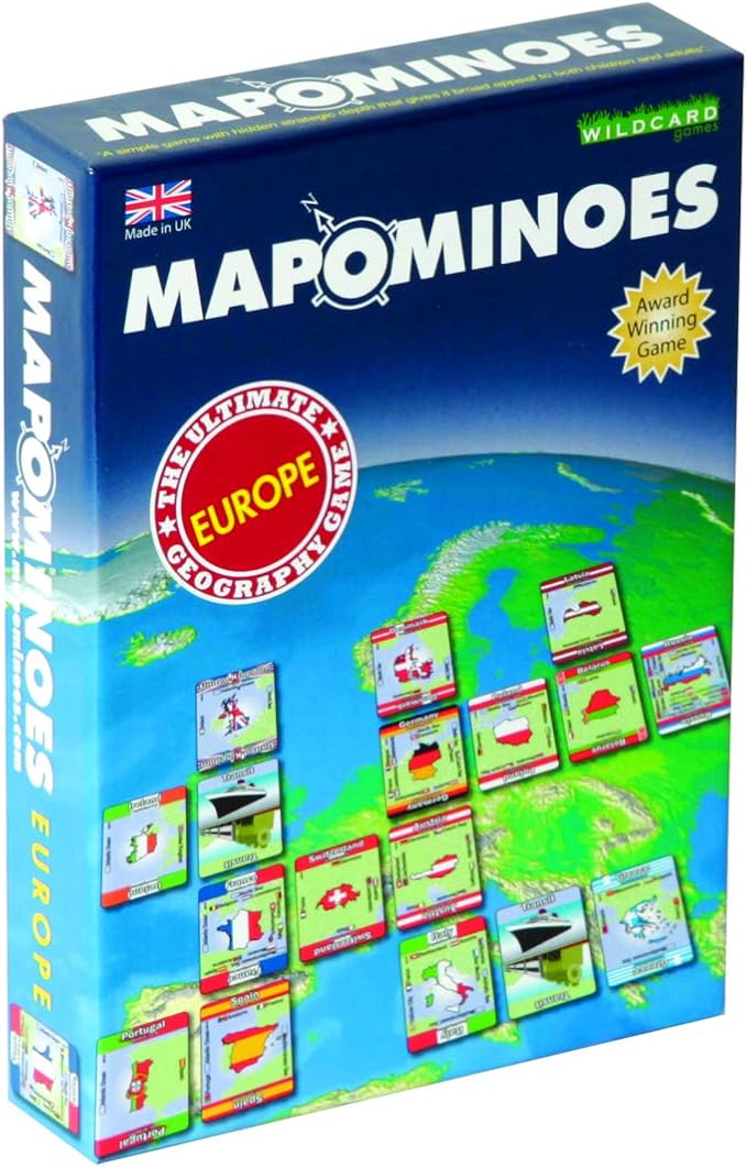 MAPOMINOES EUROPE – The Ultimate Geography Game – Fun and educational travel card game about connecting European countries for kids teens and adults. Like dominoes with maps.