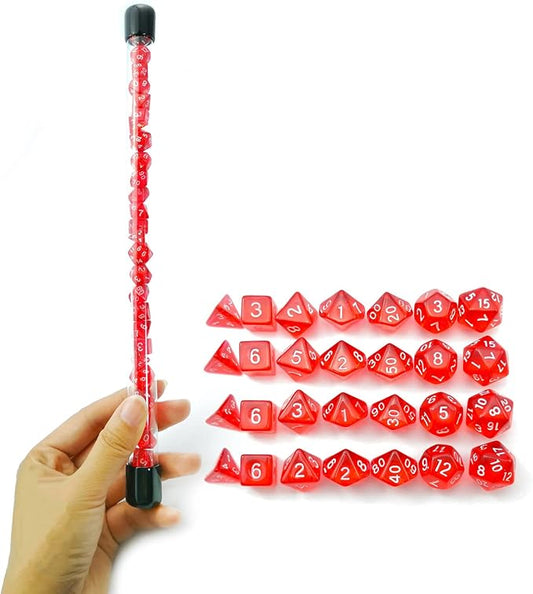 Bescon 28pcs Translucent Red Mini Polyhedral Dice Set in Tube, Ruby Dice Dungeons and Dragons 4X7pcs, Mini Ruby Gem Dice Set
