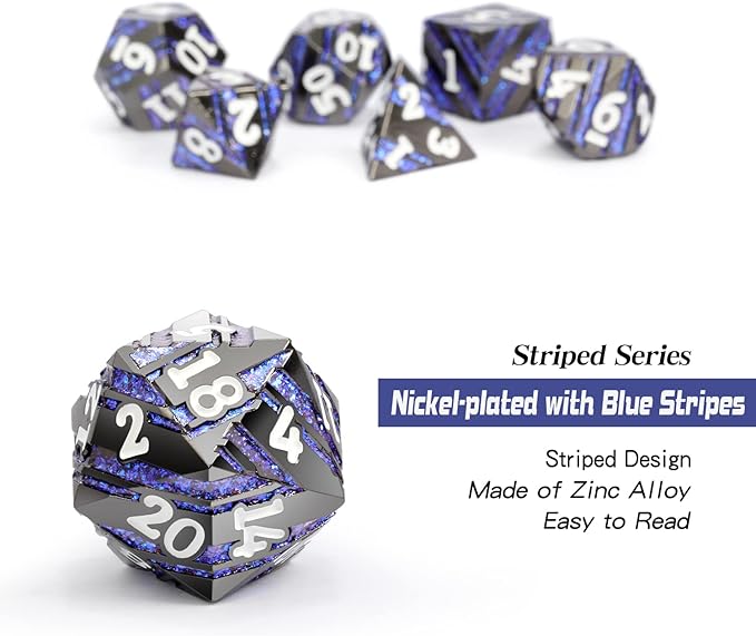 Dice Set D&D,DNDND Metallic Stripes Dice with Gift Case for Dungeons and Dragons DND (Nickel-Plated with Blue Stripes)