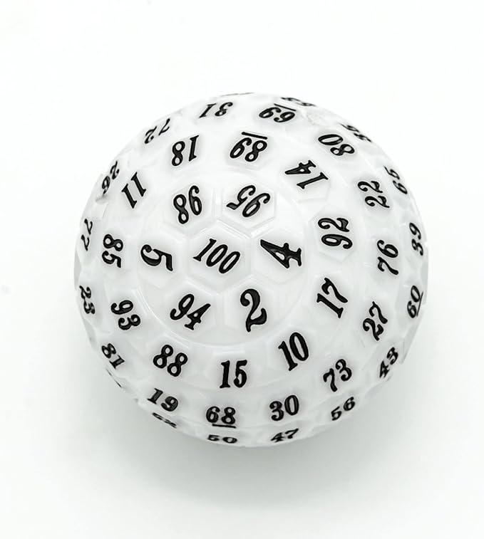 100 Sided Polyhedral Dice, Single D100 Game Dice, 100 Sided Cube with Black Pouch, D100 die 48 mm (White with Black Number)