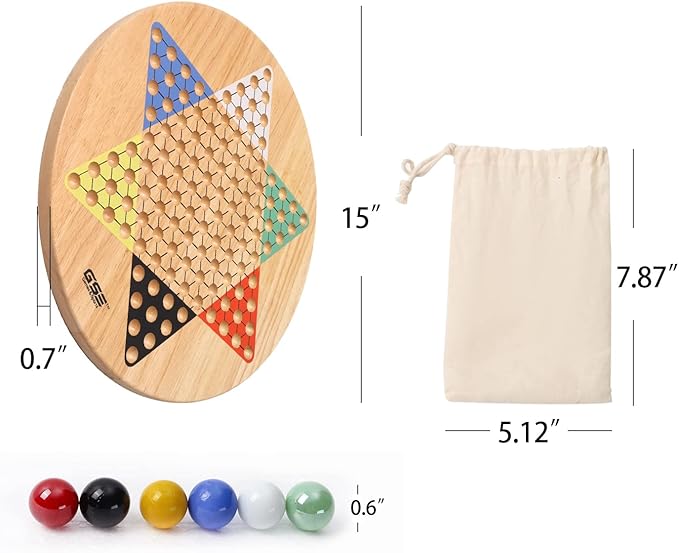 GSE Games & Sports Expert 15" Jumbo Oak Wood Chinese Checkers Board Game Set with Colorful Glass Marbles, Classic Strategy Family Board Game for Adults