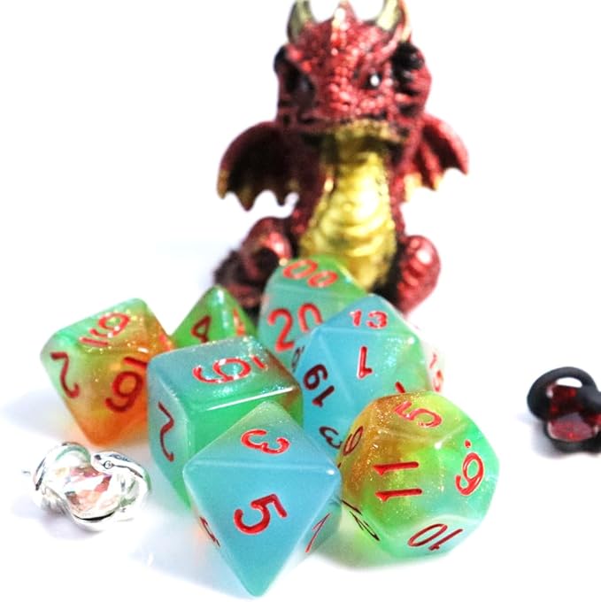 DND Dice Set with Dragon Totem Metal Gife Case, Dungeons and Dragons Dice Set,Polyhedral Dice Set Filled with Shiny Glitters,Role Playing Games and Tabletop Games (Green&Sky Luminous)