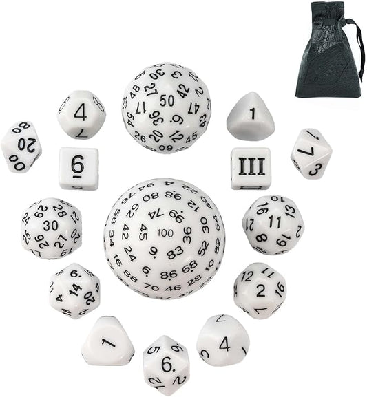 15 Pieces Complete Polyhedral DND Dice Set D3-D100 Spherical D&D Dice Set with Dragon Eye Dice Bag, D100 Dice for Dungeons and Dragons, RPG, MTG Table Games(White w/Black Numbers)