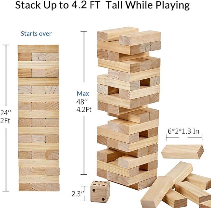 ApudArmis Giant Tumble Tower (Stack from 2Ft to Over 4.2Ft), 54 PCS Pine Wooden Stacking Timber Game with 1 Dice Set - Classic Block Giant Outdoor Game for Teens Adults Family