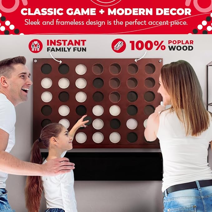 SWOOC Games - Wall Mounted Giant 4 in A Row - 60% Quieter - Jumbo Size Wall Games - Game Room Game, Accessories and Decor - Garage and Basement Decor - Large Connect - Four in a Row for Kids & Adults