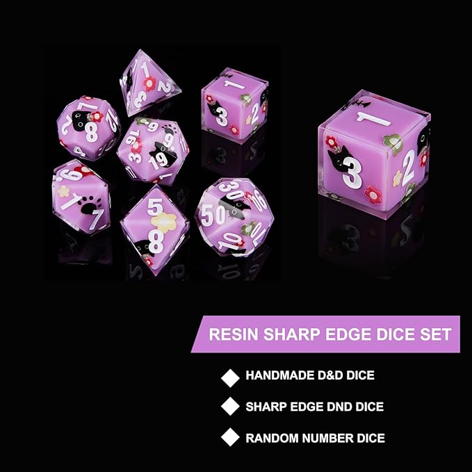 DND Dice Set Polyhedral, IDTQ Dungeons and Dragons Purple Dice Set RPG MTG Table Games 7-Die Resin Sharp with Acrylic Starlight Accent Box (Cat-Purple)