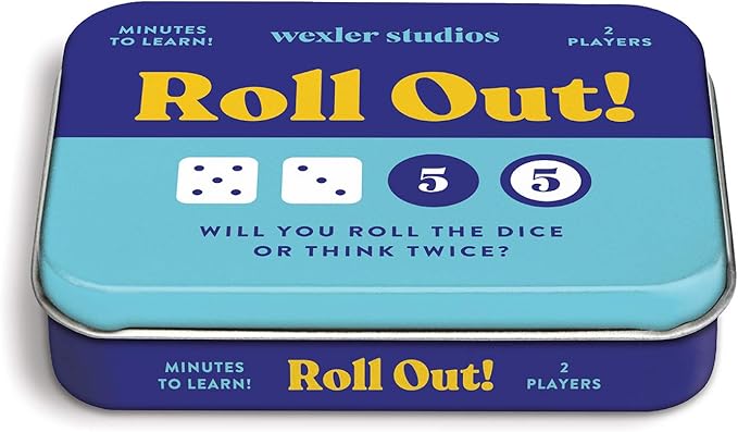 Galison Roll Out! Game – Fun, Easy to Play Dice Game for Kids, Ideal for 2 Players, Ages 6+ – Convenient Storage Tin and Instructions Included, Great Travel Activity for Kids