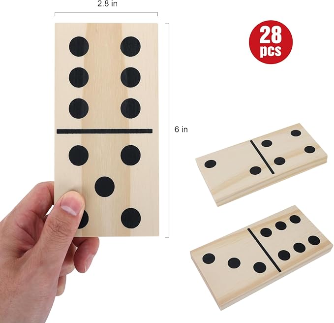 GOTHINK Giant Wooden Dominos Set for Adults and Kids,28pcs Jumbo Natural Wood Black-Dot Dominoes Tiles for Birthday/Holiday Family Party Games,Outdoor Camping Lawn and Backyard Activities 2-4 Players