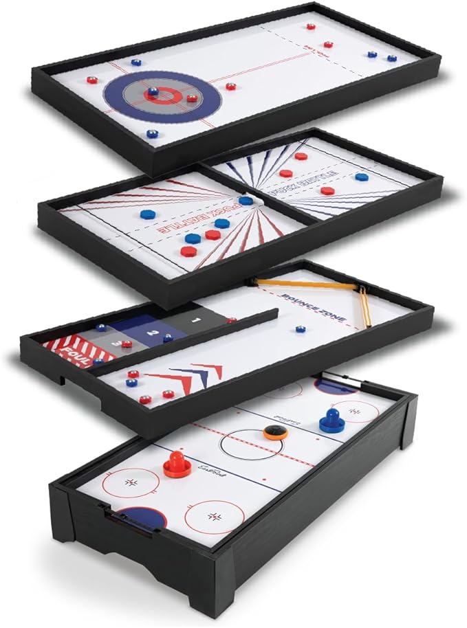 EastPoint 4-in-1 Tabletop Game Set: Play Puck Battle, Air Hockey, Curling, and Shuffleboard - Fun Gift for Friends and Family