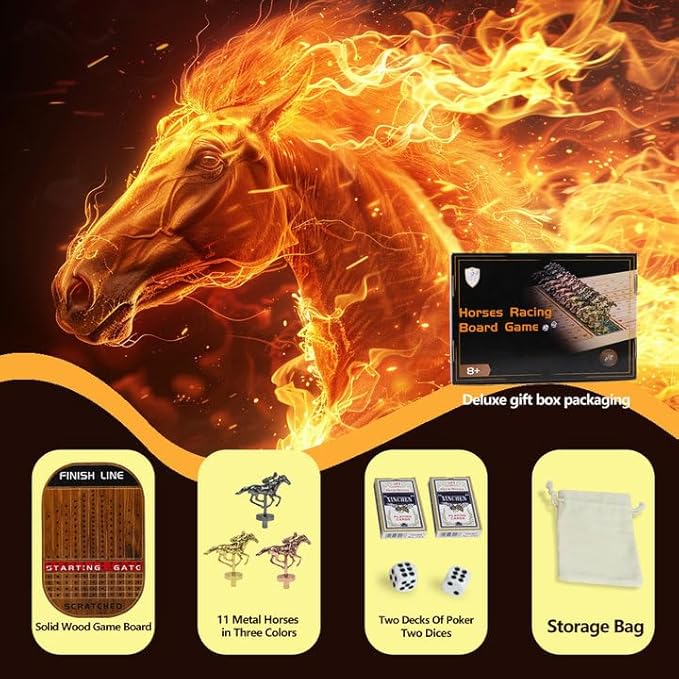 Horse Race Board Game Thickened Wood Finish Line Horse Racing Game Gambling for 2-11 Players Included 11 Metal Horses,2 Dices and 2 Decks of Cards（Oval,Vintage Flame）