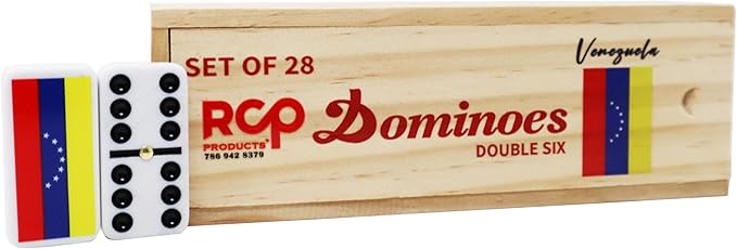 Dominos Set for Adults – Professional Double 6 Domino Cubano Set of 28 Tiles and Adults - Classic and Travel Board Game with Wood Case Juegos de Mesa Venezuela Country Flag Engraved Dominoes
