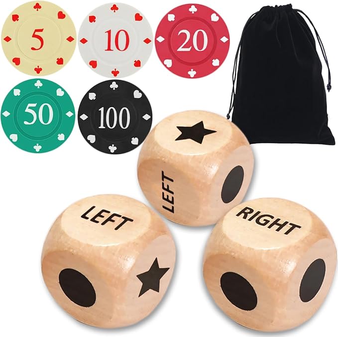 ZLIXING 3 Pcs Dice with 50 Pcs Poker Chips for Left Right Center Dice Game Set Family Board Games Travel Party Funny Cool Stuff Gadgets
