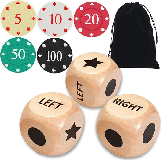 ZLIXING 3 Pcs Dice with 50 Pcs Poker Chips for Left Right Center Dice Game Set Family Board Games Travel Party Funny Cool Stuff Gadgets