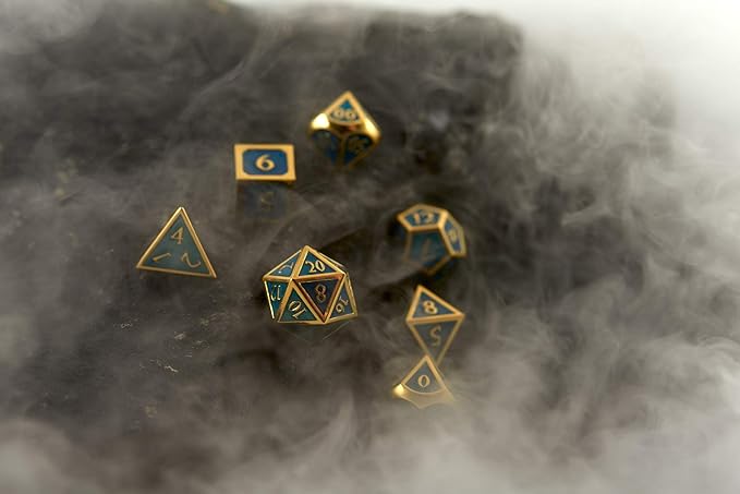 Metal DND Dice Set Blue/Gold Polyhedral Dice with Polished Tin Carrying Case for Table Top Games D&D Dungeons and Dragons Role Playing Games
