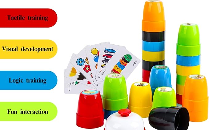Quick Cups Games Set for Kids,Classic Speed Cups Games Set Parent-Child Interactive Game,24 Cups,24 Stickers,1 Bells,54 Challenges Cards