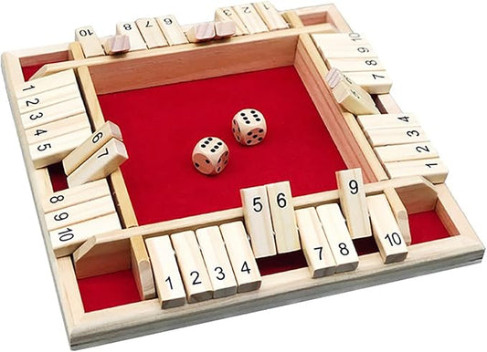 Dice Games Shut The Box Game, Red Classic 4 Sided Wooden Board Game Flip 10 Numbers Classic Tabletop Games Family Math Strategy Game for Christmas Party Classroom Home or Pub Bar