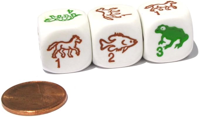 Koplow Games Set of 6 Species 16mm Dice - White with Multi-Color Etched Animals and Numbers