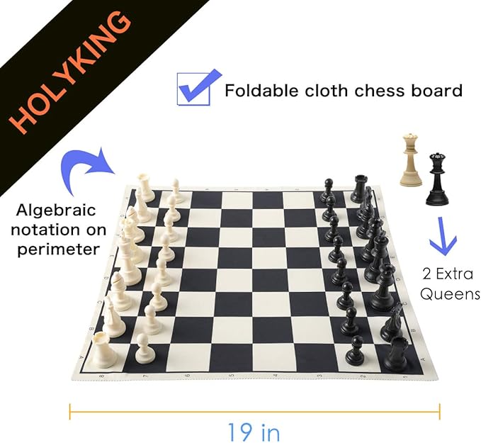 HOLYKING 19" Tournament Cloth Chess Board Set - Portable Travel Pocket Chess Game Set Roll Up Combination- Beginner Chess Set for Kids and Adults