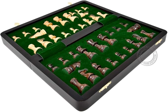 House of Chess - 12 Inches Wooden Magnetic Folding Travel Chess Set/Board - 2 Extra Knights, 2 Extra Pawns, 2 Extra Queens & Algebraic Notation - Handmade - Premium Quality