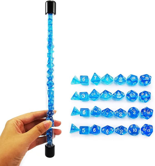 Bescon 28pcs Translucent Blue Mini Polyhedral Dice Set in Tube, Dungeons and Dragons RPG Dice 4X7pcs,Mini Gem Blue Dice Set