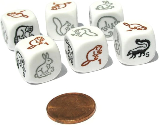Koplow Games Set of 6 Woodland Creatures 16mm D6 Animal Dice - White with Multi-Color Etches