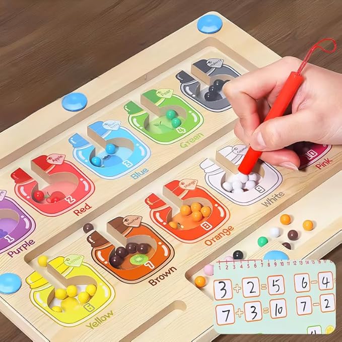 2-in-1 Educational Montessori Wooden Magnetic Board Candy Jars Theme, Double-Sided Number Learning Whiteboard, Color Matching Maze Toys for Kids, Birthday Gift for Kids