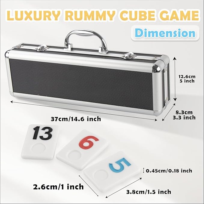 Smilejoy Rummy Cube Game Four Players Edition, Deluxe 106 Tiles Rummy Cube with Portable Aluminum Box, Classic Board Game for Children and Adults,4 Durable Plastic Trays,1 Dice (2-4 palyers)