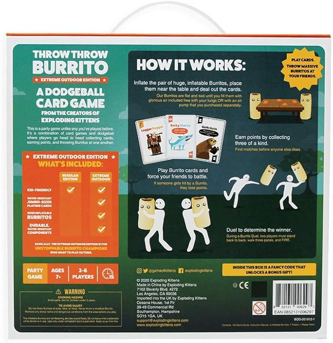 Exploding Kittens Presents Throw Throw Burrito Extreme Outdoor Edition - An Outdoor Dodgeball Card Game - Family Party Card Games for Adults, Teens & Kids 7+ - 120 Cards & 2 Huge Inflatable Burritos