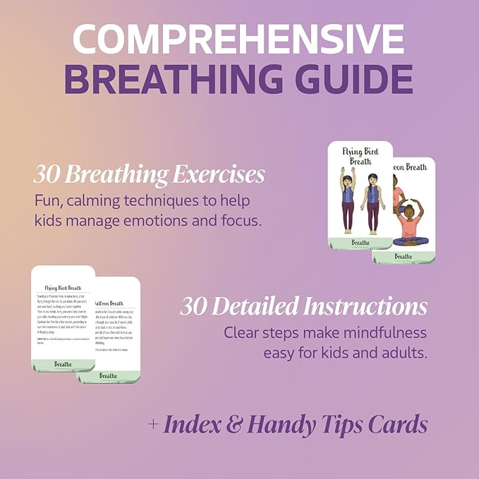 Breathing Exercise Cards for Kids, Deck for Classroom, Calm Down Corner Kit, Sensory Room, Social Emotional Yoga Games for Kids, Mindfulness Tools for Play Therapy, or Relaxation