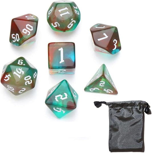 7pcs/Set D4 D6 D8 D10 D12 D20 Dichromatic Polyhedral Dices for Beginner Role Playing Game D&D Dice Set Party Table Board Game Supplies，with A Silver Pouch(Multicoloured)
