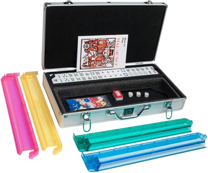 American Mah Jongg Set by White Swan – 166 White/Blue Engraved Tiles – 4 x All-in-One Rack/Pushers – Aluminum Case - Silver
