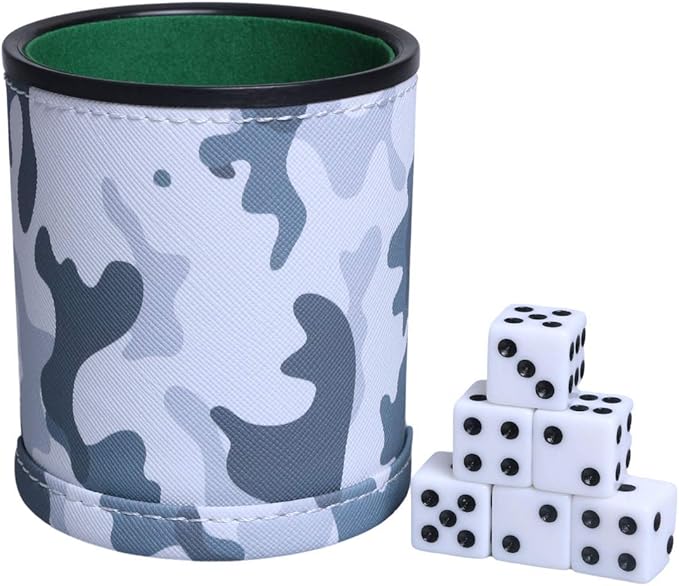 PU Leather Dice Cup with 6 Dice, Felt Lined Interior Quiet Shaker for Liars Dice/Farkle/Yahtzee Game, Camouflage Patterns