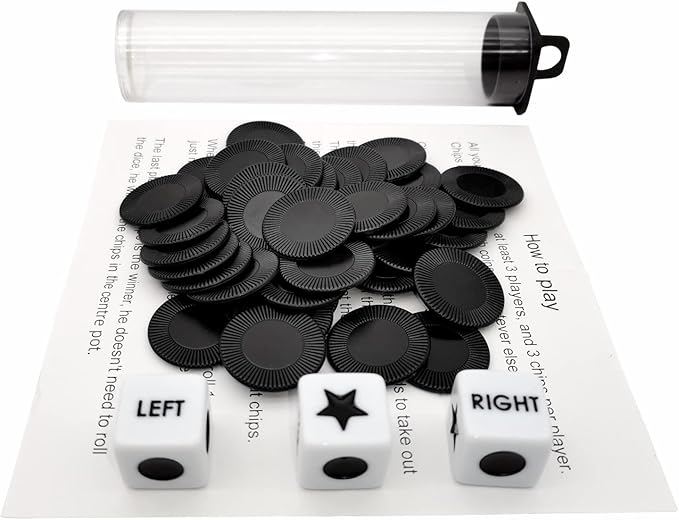 Left Right Center Dice Game Prime Set Bundle with 3 Dices + 36 Chips. Round Tube Storage is Very Convenient for Travel. Easy to Store, Carry Around. (Black)