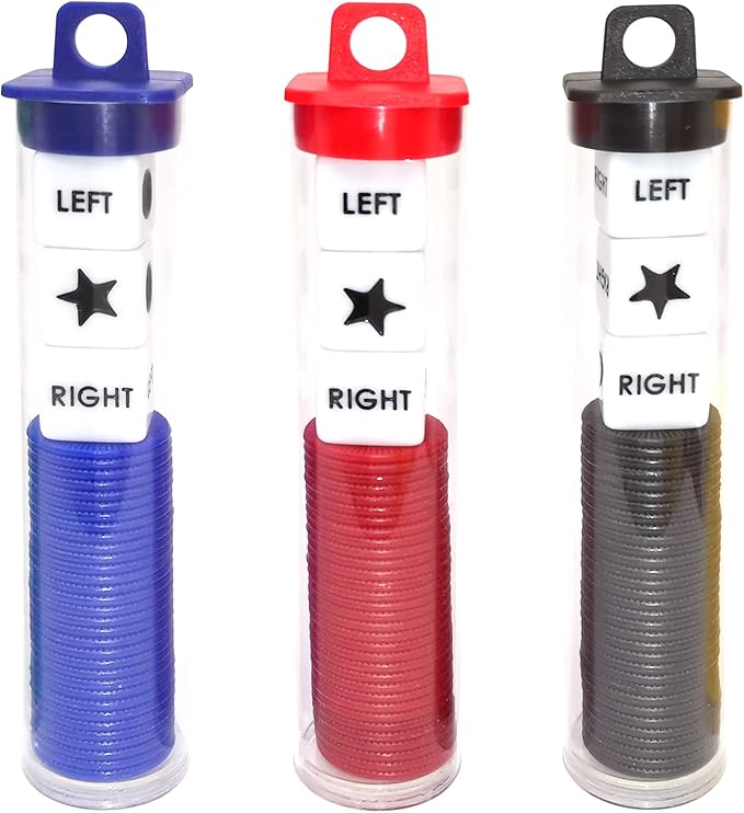 Left Right Center Dice Game Prime Set Bundle with 3 Dices + 36 Chips. Round Tube Storage is Very Convenient for Travel. Easy to Store, Carry Around. (3 Pack)