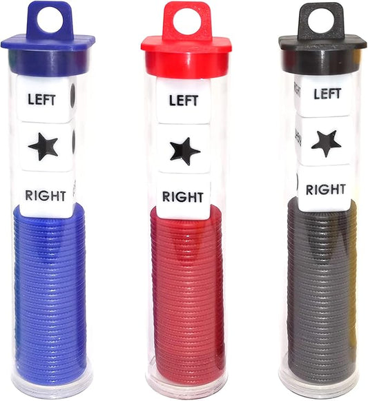 Left Right Center Dice Game Prime Set Bundle with 3 Dices + 36 Chips. Round Tube Storage is Very Convenient for Travel. Easy to Store, Carry Around. (3 Pack)